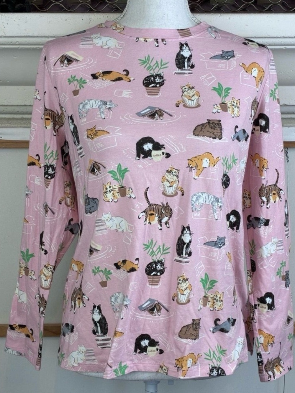 Sleep Sense Pink Cat Print Long Sleeve PJ top NWOT oversized